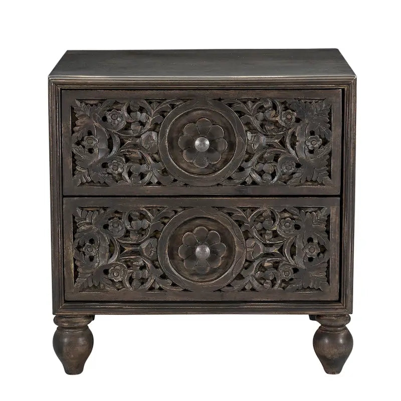 Brown / Dark Brown Solid Wood 2-Drawer Nightstand, Hand-Carved, Single