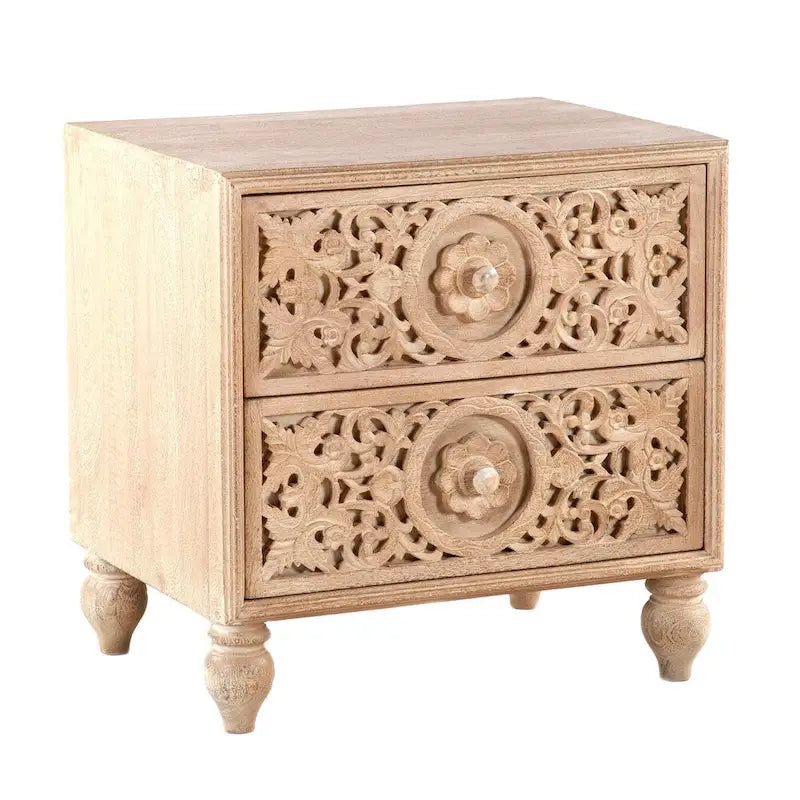 Brown / Dark Brown Solid Wood 2-Drawer Nightstand, Hand-Carved, Single