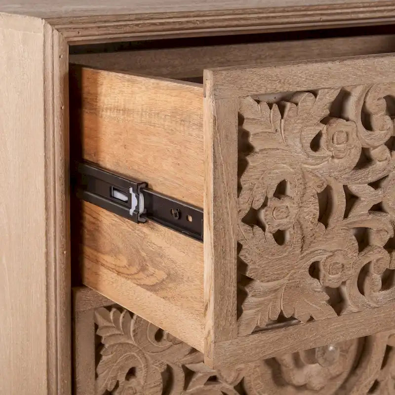 Brown / Dark Brown Solid Wood 2-Drawer Nightstand, Hand-Carved, Single