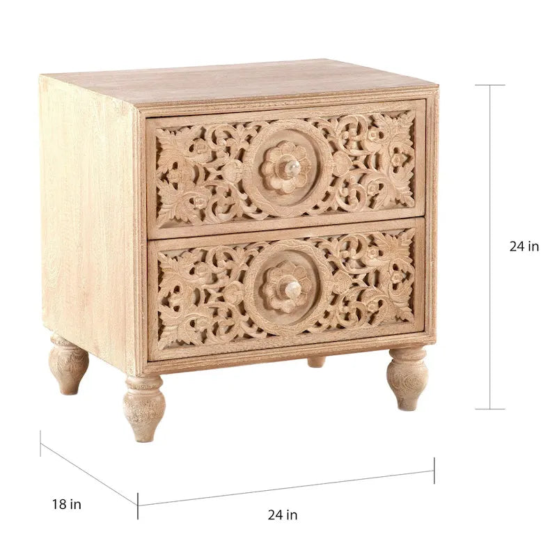 Brown / Dark Brown Solid Wood 2-Drawer Nightstand, Hand-Carved, Single