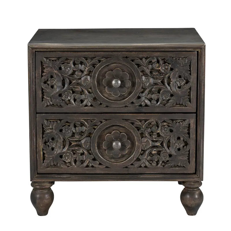 Brown / Dark Brown Solid Wood 2-Drawer Nightstand, Hand-Carved, Single