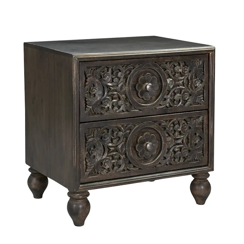 Brown / Dark Brown Solid Wood 2-Drawer Nightstand, Hand-Carved, Single