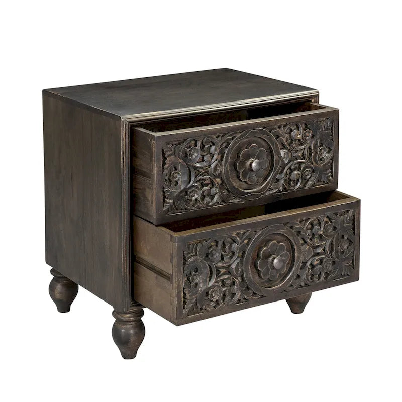 Brown / Dark Brown Solid Wood 2-Drawer Nightstand, Hand-Carved, Single