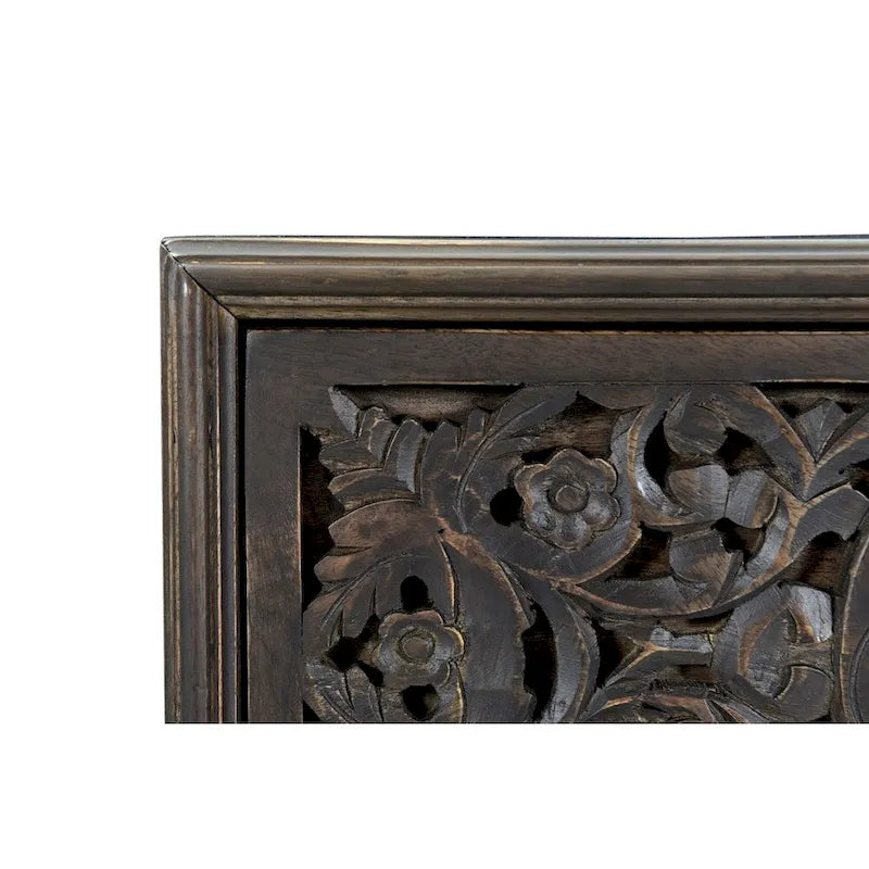 Brown / Dark Brown Solid Wood 2-Drawer Nightstand, Hand-Carved, Single