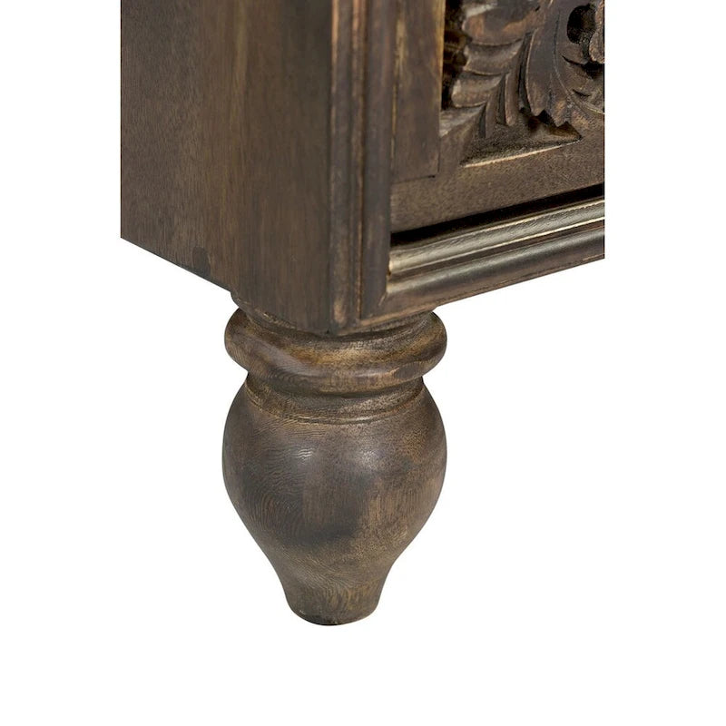 Brown / Dark Brown Solid Wood 2-Drawer Nightstand, Hand-Carved, Single