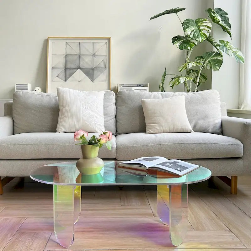 Iridescent Clear Acrylic Oval Side Table with 4 Geometric Legs – Modern