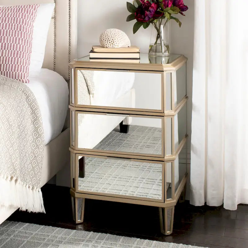 Mirror Finish 3-Drawer Nightstand, French Antique Style, Single