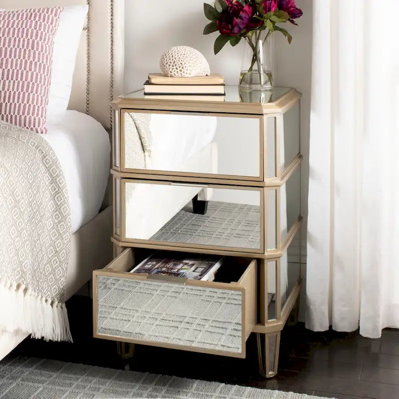Mirror Finish 3-Drawer Nightstand, French Antique Style, Single