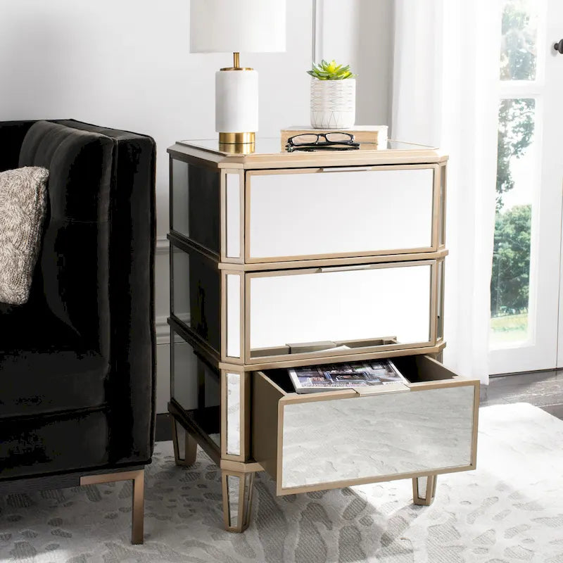 Mirror Finish 3-Drawer Nightstand, French Antique Style, Single