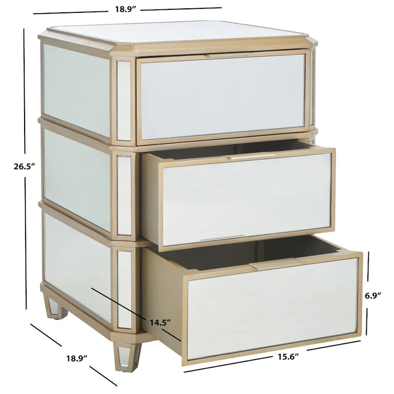 Mirror Finish 3-Drawer Nightstand, French Antique Style, Single