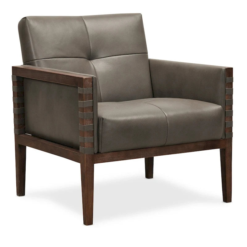 Taupe / Gray Leather Tufted Accent Chair, Wood Frame, 1-Seat