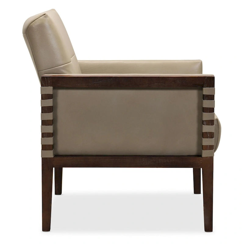 Taupe / Gray Leather Tufted Accent Chair, Wood Frame, 1-Seat