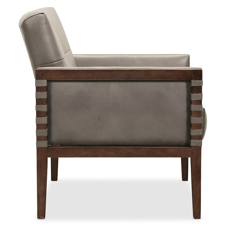 Taupe / Gray Leather Tufted Accent Chair, Wood Frame, 1-Seat
