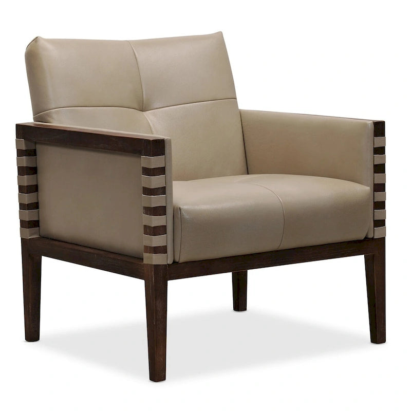 Taupe / Gray Leather Tufted Accent Chair, Wood Frame, 1-Seat