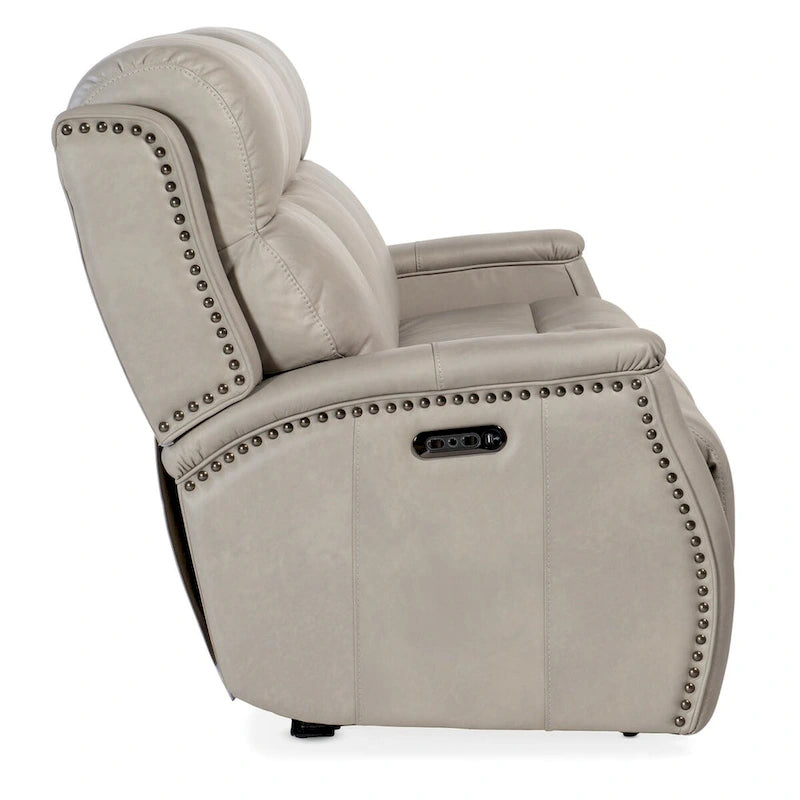 Sahara Sand / Ash Leather Power Recliner Sofa with USB Port & Brass Nailhead Trim – 3-Seat