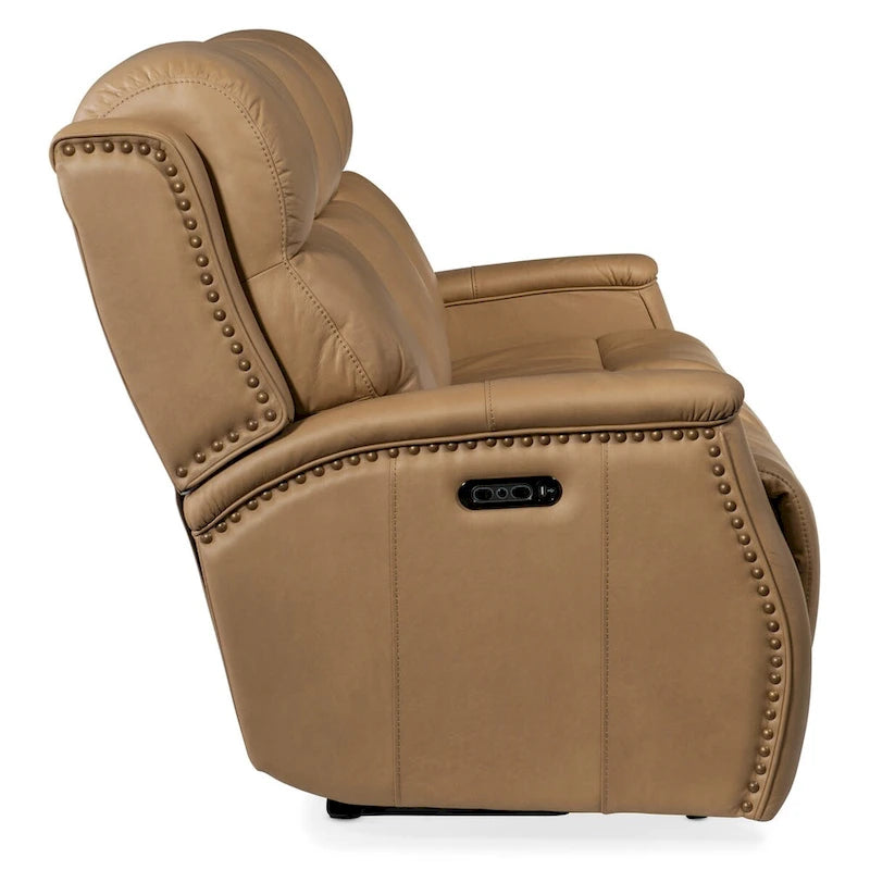 Sahara Sand / Ash Leather Power Recliner Sofa with USB Port & Brass Nailhead Trim – 3-Seat
