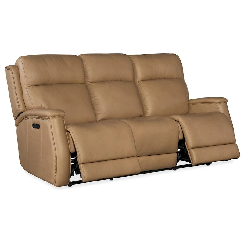 Sahara Sand / Ash Leather Power Recliner Sofa with USB Port & Brass Nailhead Trim – 3-Seat