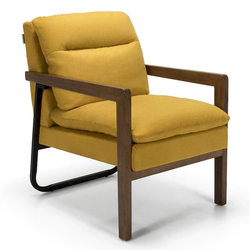 Blue Linen Accent Armchair, Single Seat, Rubber Wood Legs