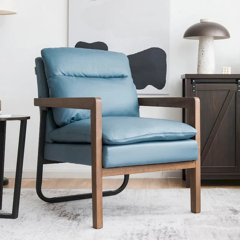 Blue Linen Accent Armchair, Single Seat, Rubber Wood Legs