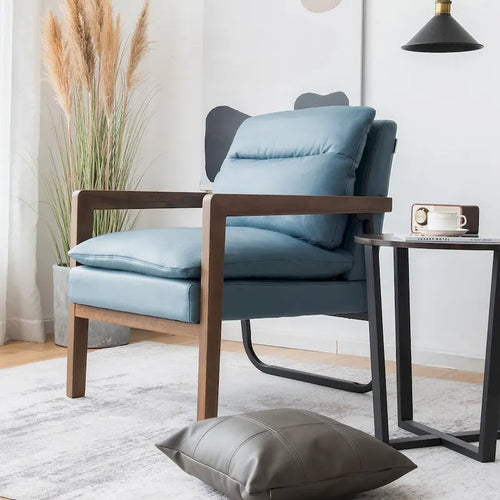 Blue Linen Accent Armchair, Single Seat, Rubber Wood Legs