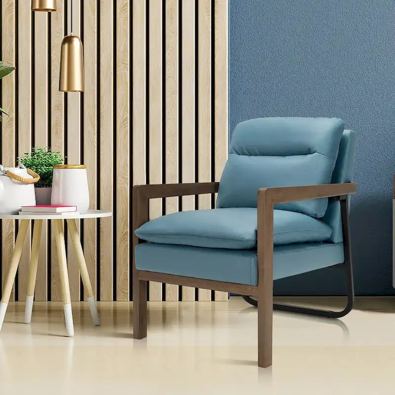 Blue Linen Accent Armchair, Single Seat, Rubber Wood Legs
