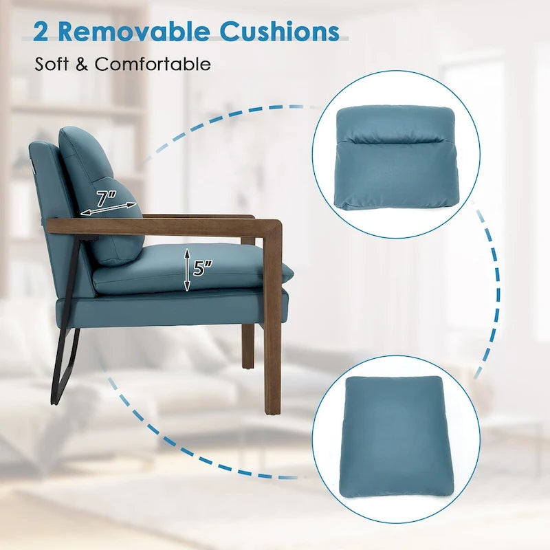 Blue Linen Accent Armchair, Single Seat, Rubber Wood Legs