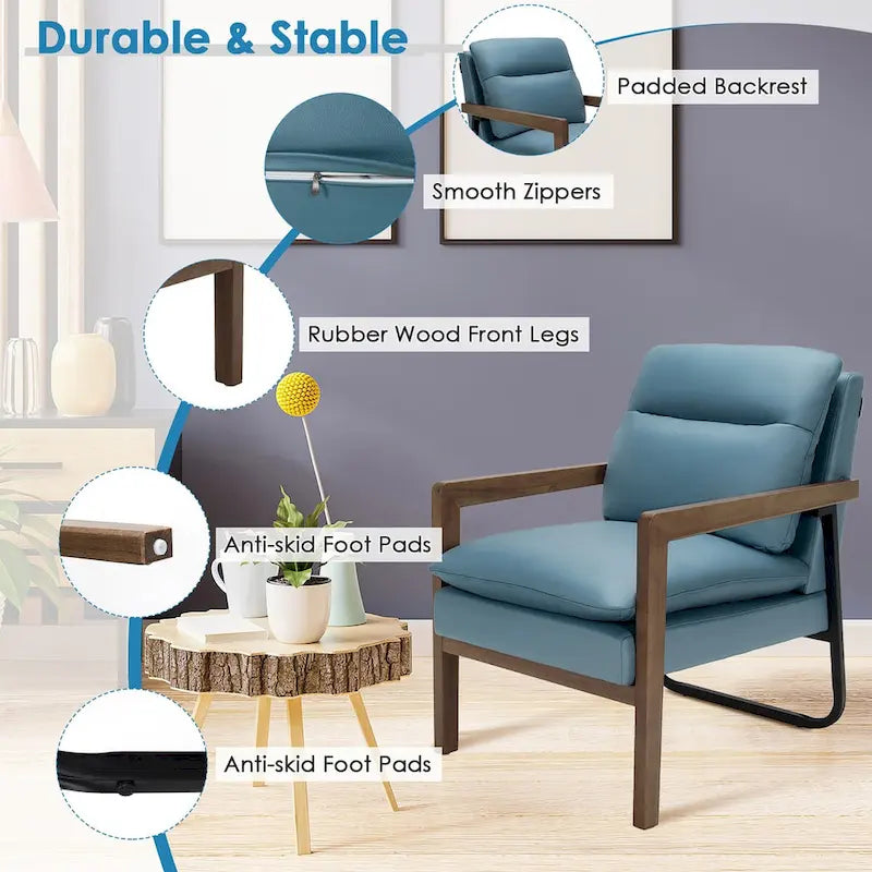 Blue Linen Accent Armchair, Single Seat, Rubber Wood Legs