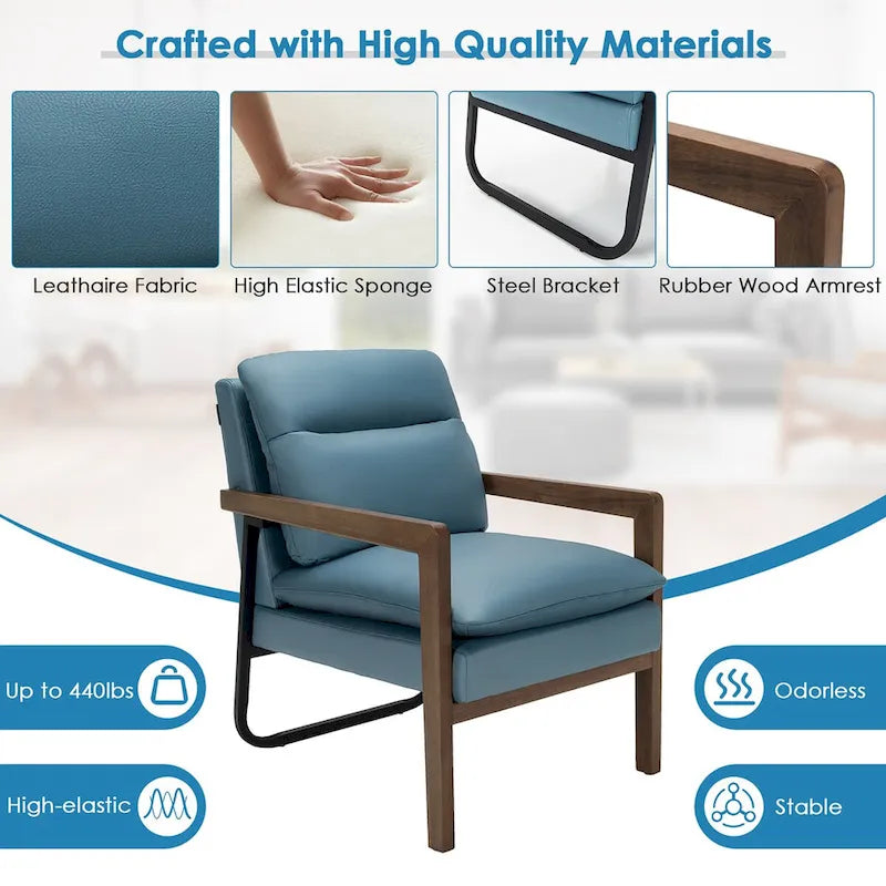 Blue Linen Accent Armchair, Single Seat, Rubber Wood Legs