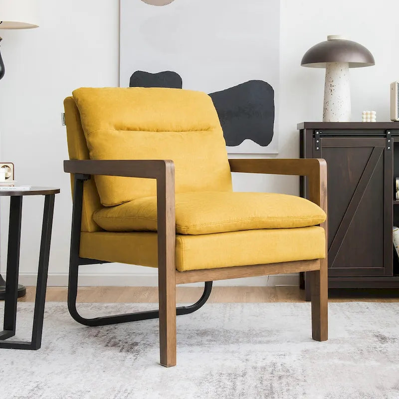 Blue Linen Accent Armchair, Single Seat, Rubber Wood Legs