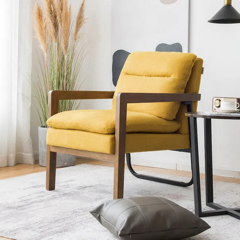 Blue Linen Accent Armchair, Single Seat, Rubber Wood Legs