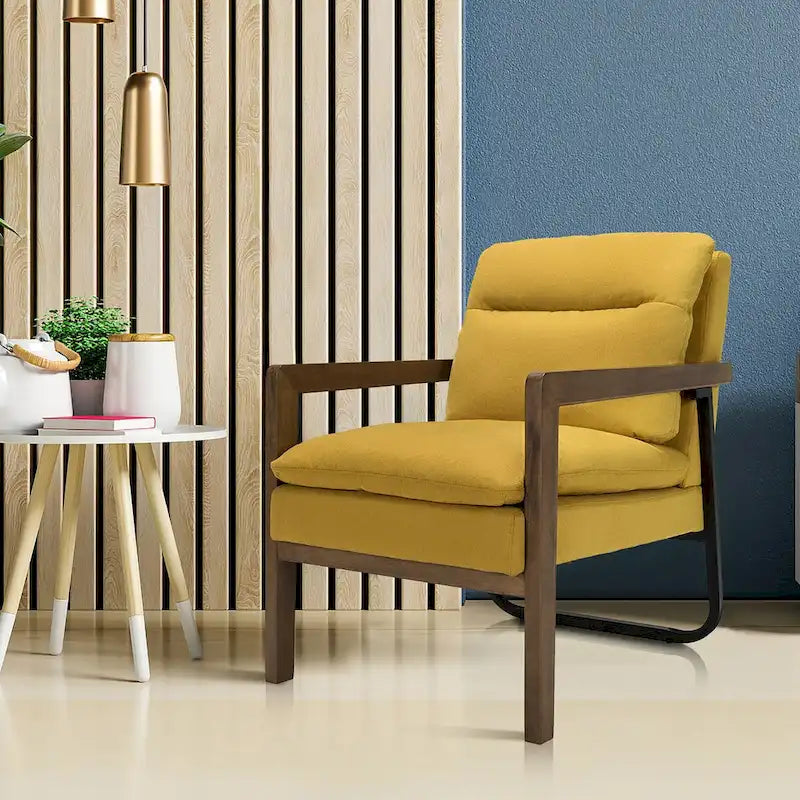 Blue Linen Accent Armchair, Single Seat, Rubber Wood Legs