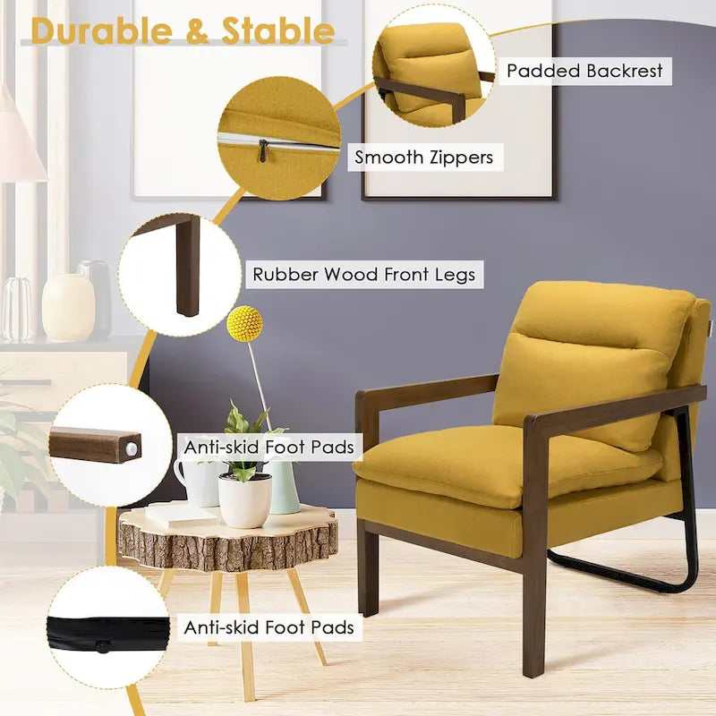 Blue Linen Accent Armchair, Single Seat, Rubber Wood Legs