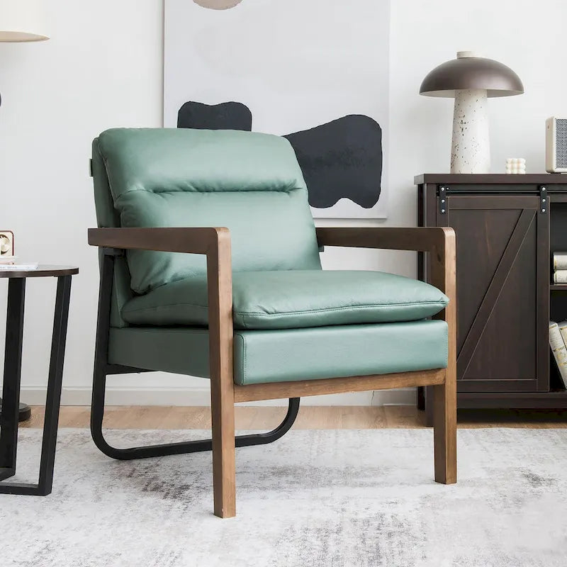 Blue Linen Accent Armchair, Single Seat, Rubber Wood Legs