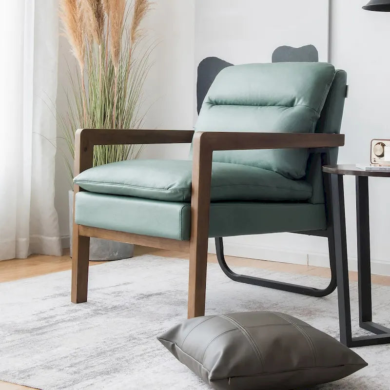 Blue Linen Accent Armchair, Single Seat, Rubber Wood Legs