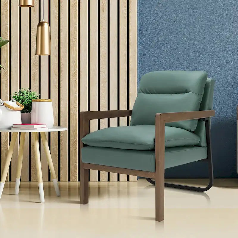 Blue Linen Accent Armchair, Single Seat, Rubber Wood Legs