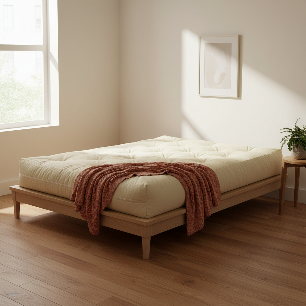Natural White Wool Fiber Futon Mattress, Cotton Cover, 8 in – 1-Person