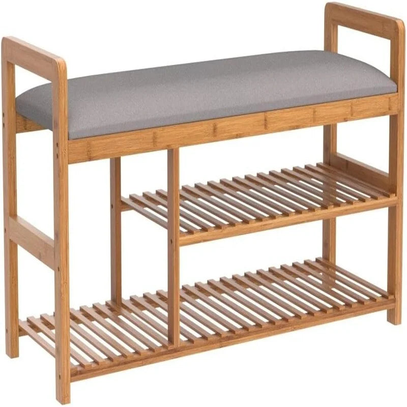 Natural Bamboo 2-in-1 Shoe Rack Bench with Linen Cushion Seat – 1-Seat