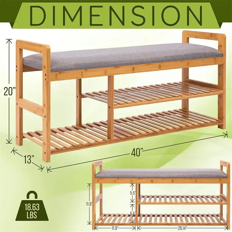 Natural Bamboo 2-in-1 Shoe Rack Bench with Linen Cushion Seat – 1-Seat