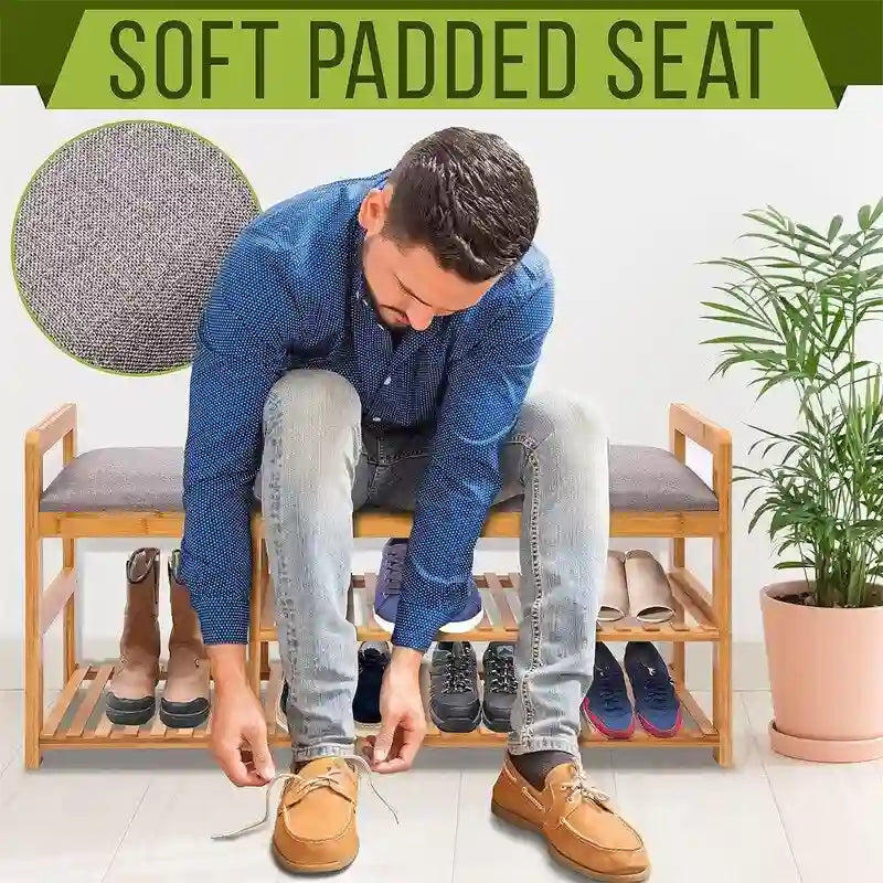 Natural Bamboo 2-in-1 Shoe Rack Bench with Linen Cushion Seat – 1-Seat