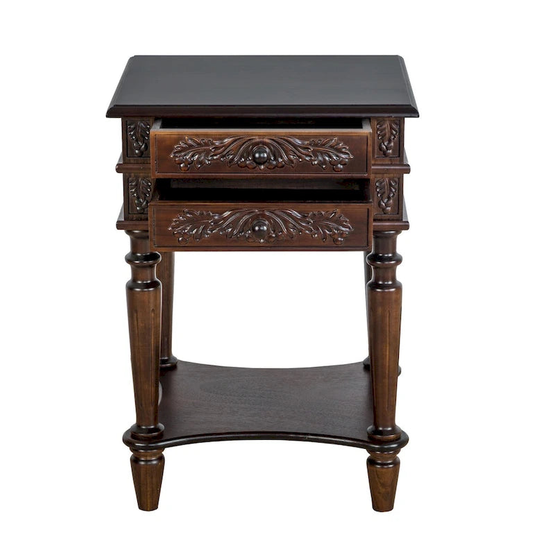 Brown Birchwood End Table with Carved Detail, 2 Drawers & Open Bottom Shelf – Traditional Style