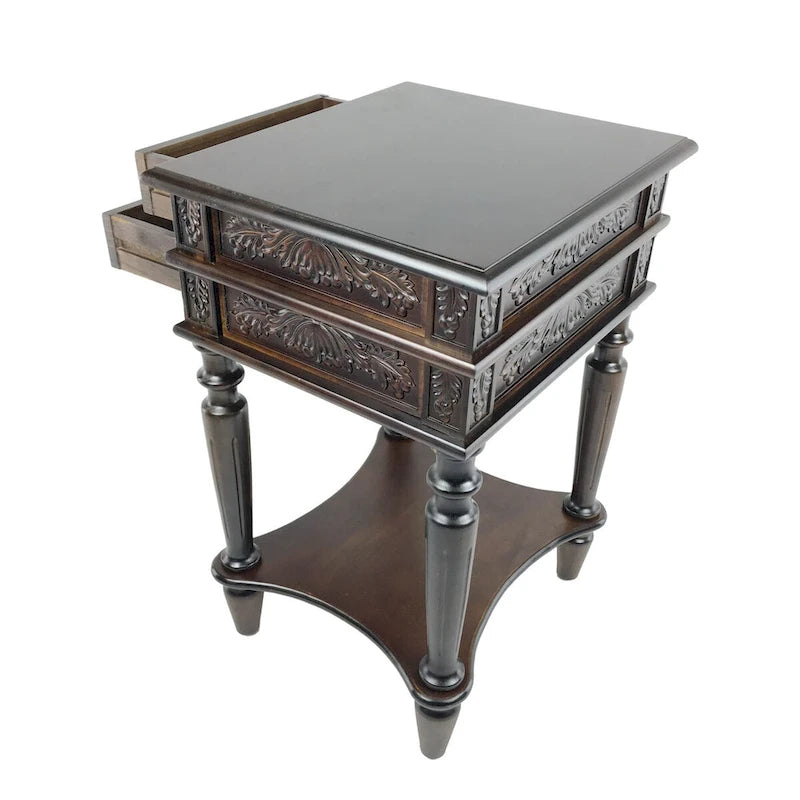 Brown Birchwood End Table with Carved Detail, 2 Drawers & Open Bottom Shelf – Traditional Style