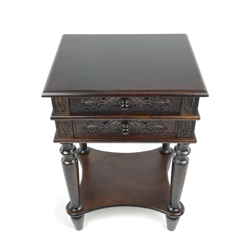 Brown Birchwood End Table with Carved Detail, 2 Drawers & Open Bottom Shelf – Traditional Style