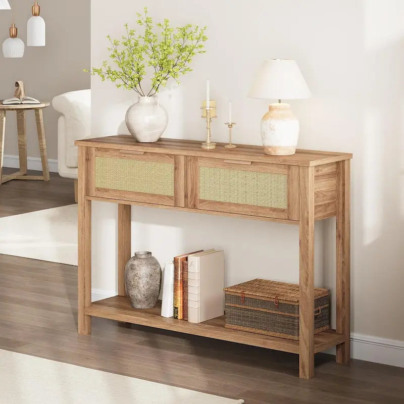 Brown / Natural Rattan & Wood Console Table with 2 Drawers & Lower Shelf – Boho Style