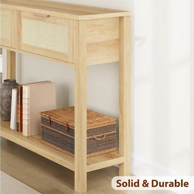 Brown / Natural Rattan & Wood Console Table with 2 Drawers & Lower Shelf – Boho Style