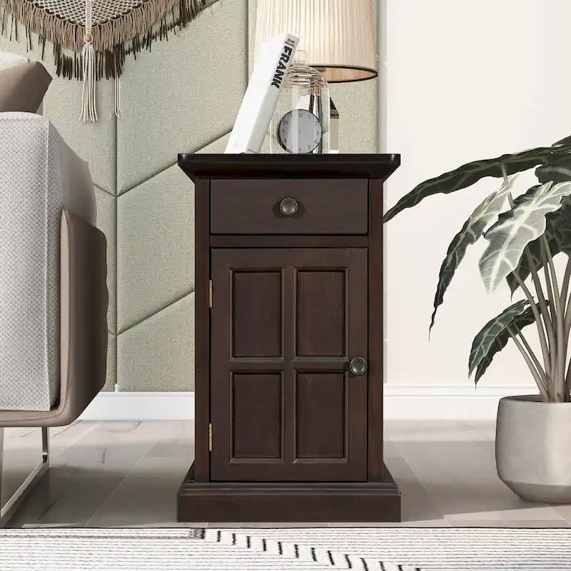 Brown Vintage Narrow End Table with USB Ports, Cup Holders & 1 Drawer – Sofa Side Table