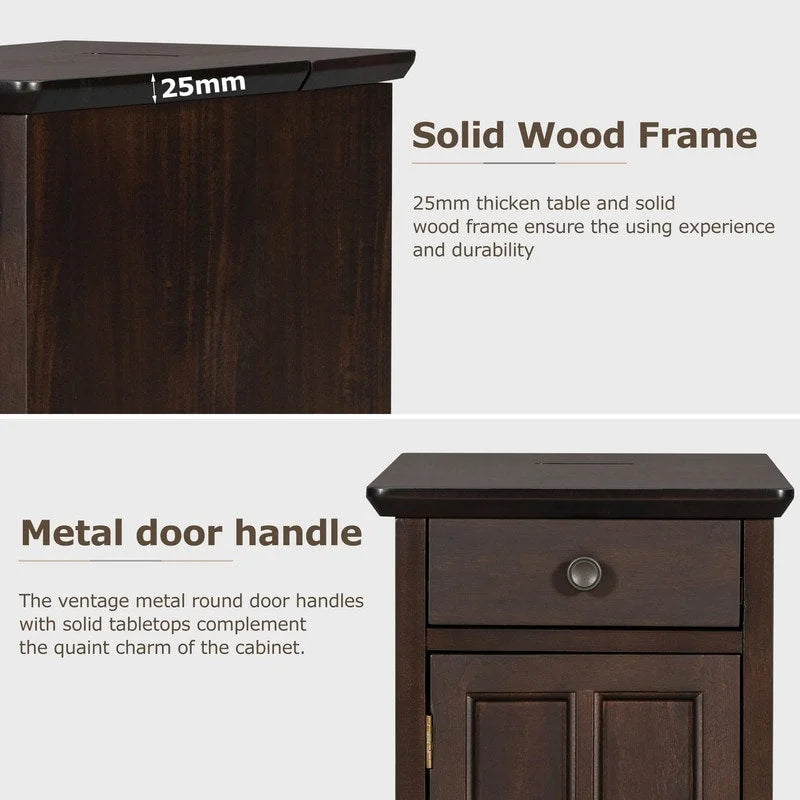 Brown Vintage Narrow End Table with USB Ports, Cup Holders & 1 Drawer – Sofa Side Table