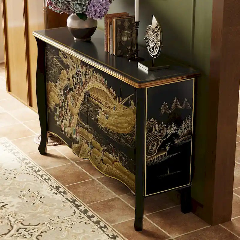 Black Hand-Painted Chinese Style Sideboard with Double Sliding Doors & Silver Foil Accents