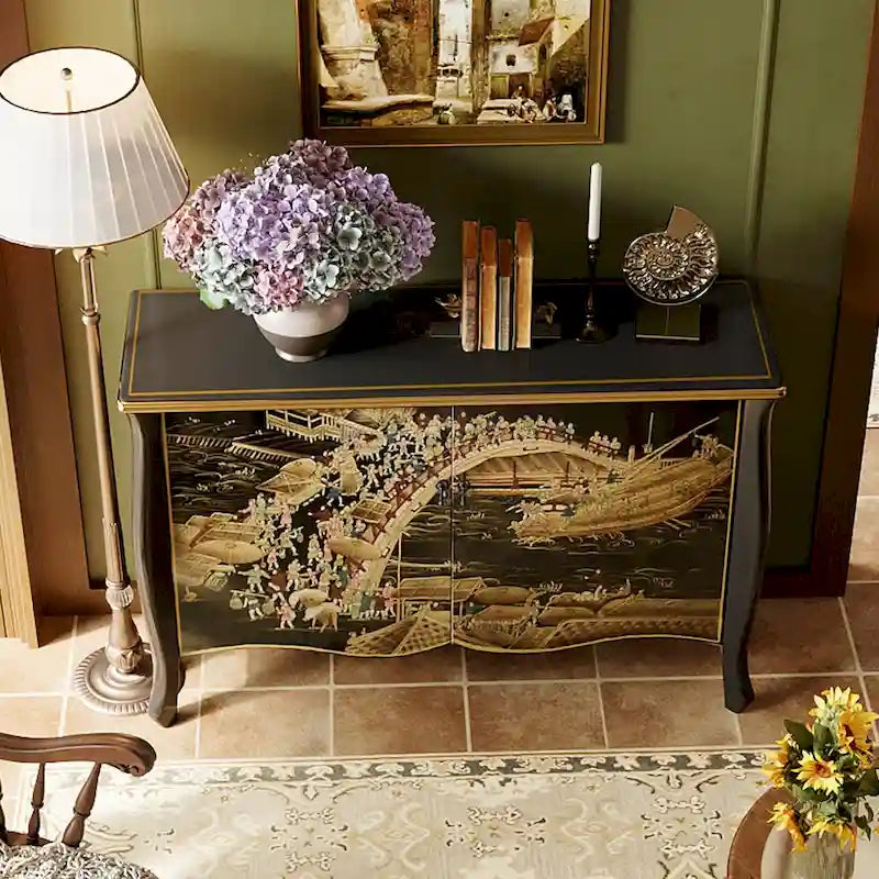 Black Hand-Painted Chinese Style Sideboard with Double Sliding Doors & Silver Foil Accents