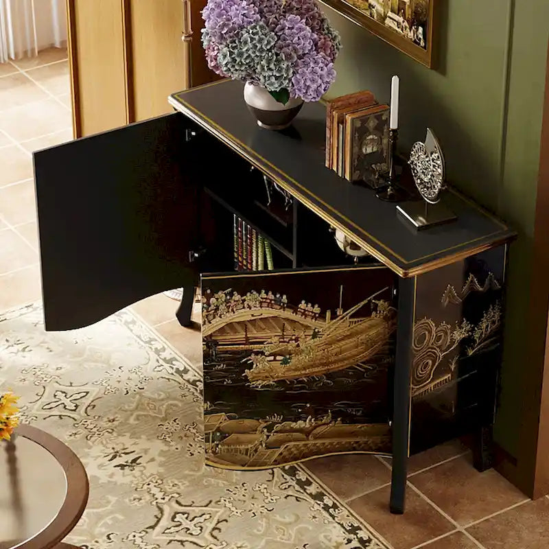 Black Hand-Painted Chinese Style Sideboard with Double Sliding Doors & Silver Foil Accents