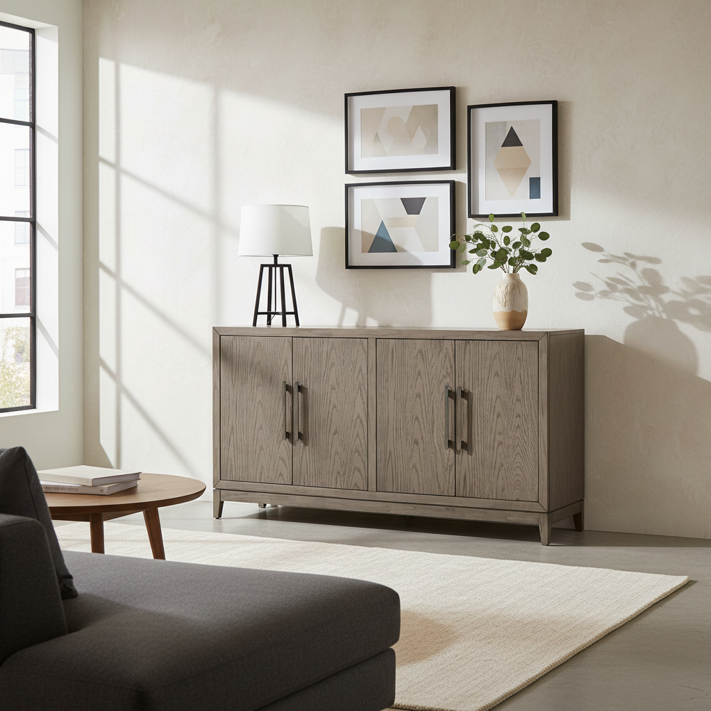 Brown & Silver Rustic Sideboard Buffet with 2 Double Door Cabinets, Adjustable Shelves & Tapered Legs – Farmhouse Style
